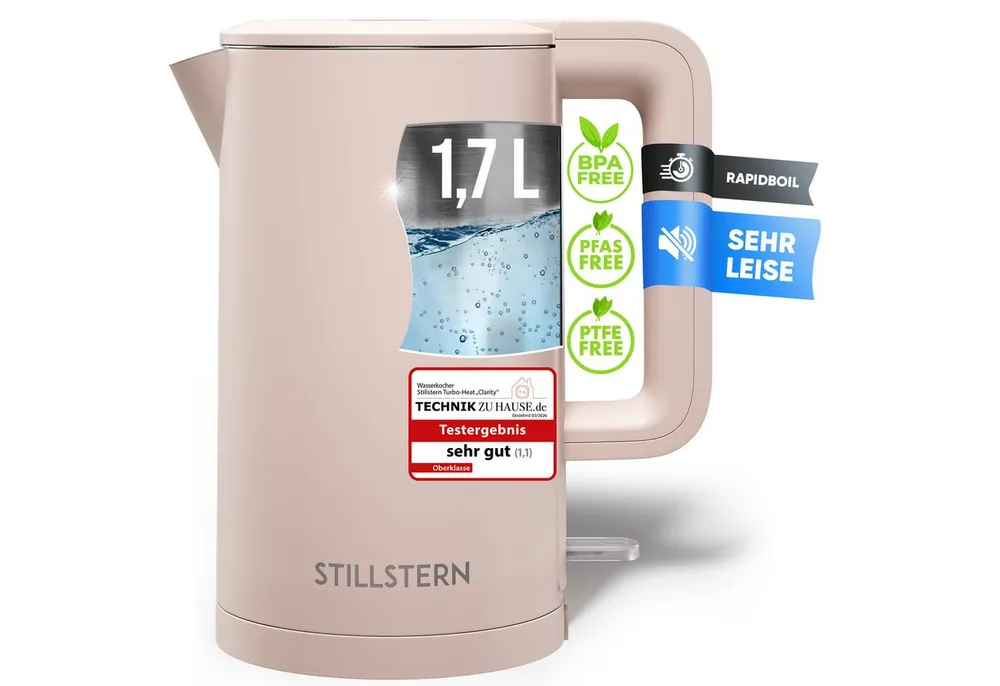 Stillstern Wasserkocher Wasserkocher 1,7L, schnelles Aufkochen, doppelwandig, 1.7 l, 2200 W, Anti Fingerprint, 2200W, Leise