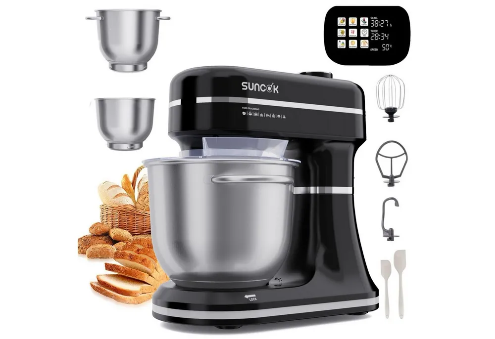 SUNCOK Küchenmaschine Multifunktionale Knetmaschine, 12-Geschwindigkeit, 59 Dezibel. geeignet zum Backen und Kneten von Teig, 1500 W, Elektrische Küchenmaschine,mit 2 Edelstahl-Rührschüsseln 4,5 und 5,5l