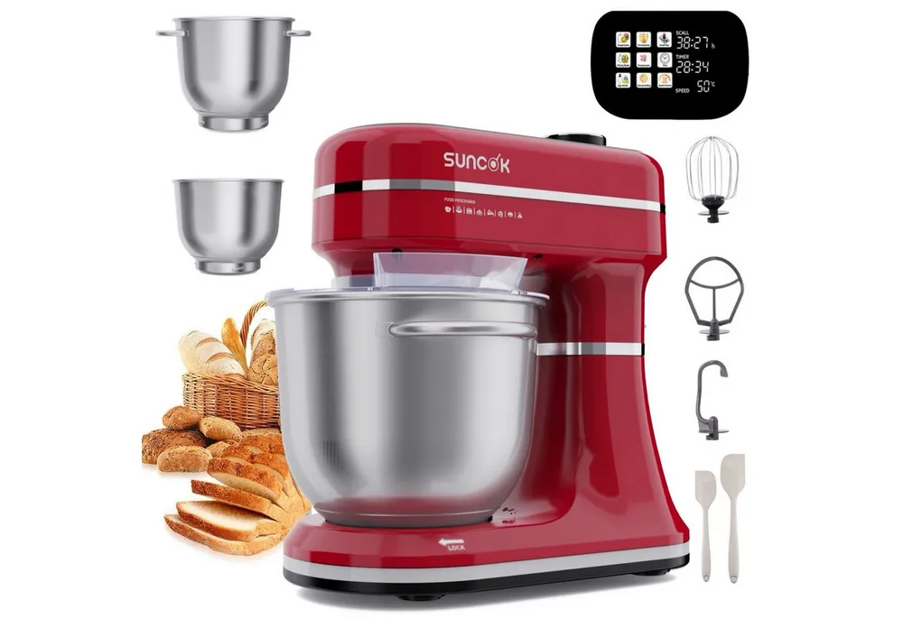 SUNCOK Küchenmaschine Multifunktionale Knetmaschine, 12-Geschwindigkeit, 59 Dezibel. geeignet zum Backen und Kneten von Teig, 1500 W, Elektrische Küchenmaschine,mit 2 Edelstahl-Rührschüsseln 4,5 und 5,5l