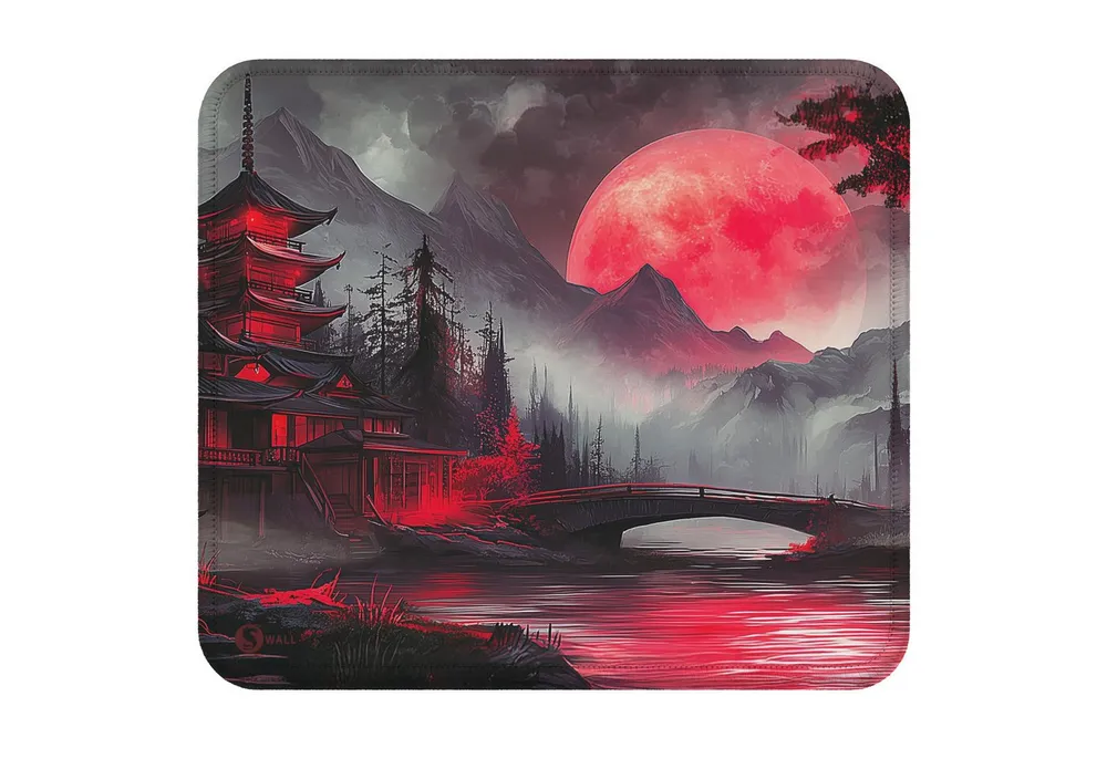 Sunnywall Gaming Mauspad Speed Mousepad XXL Premium 4 mm - Red Moon Mond Japan Tempel (inkl. Wallpaper), 45x40, 80x30, 90x40 cm, rutschfest, vernähte Ränder, Tischunterlage