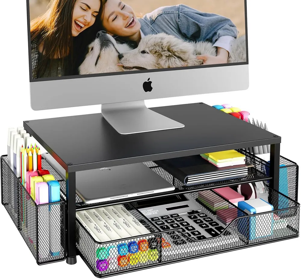 SURFOU Monitorständer für PC & Laptop, Metall mit Schublade, (1 x Monitor- & Druckerständer, 1 x Montageanleitung, Schreibtisch-Organizer mit 2 Stifthaltern, bis 20 kg belastbar)