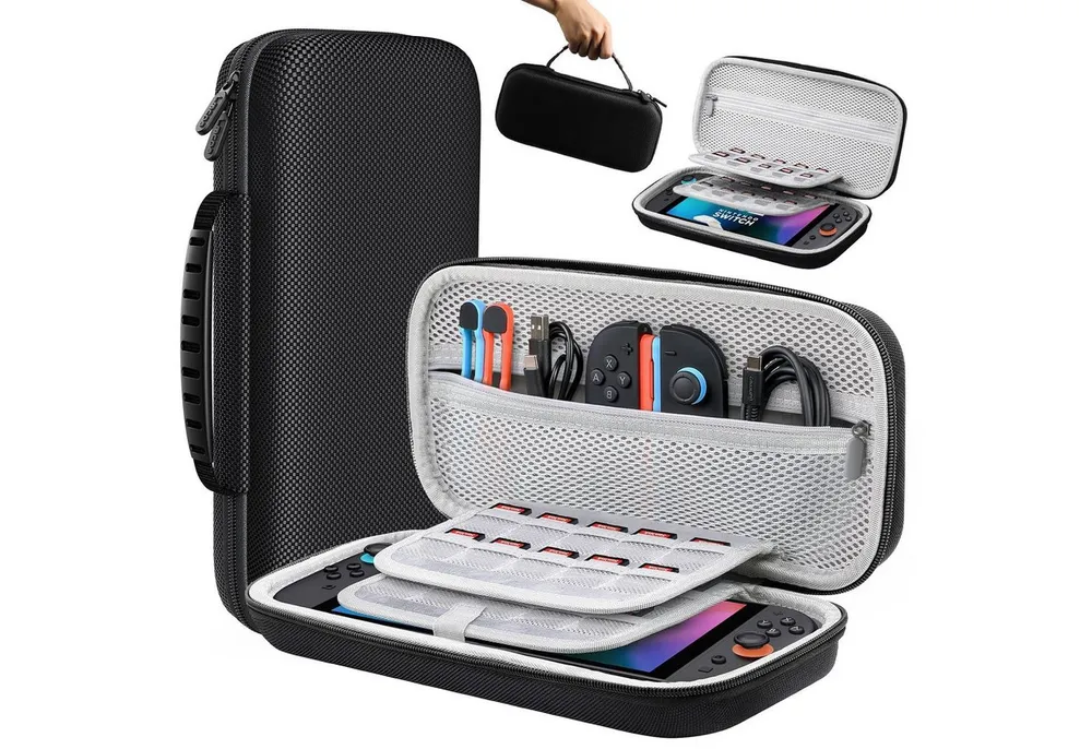SURFOU Nintendo-Schutzhülle Tasche für Nintendo Switch 2 tasche(2025 Modell) – Hartschalenetui 7,9 zoll, nintendo switch 2 tasche mit 20 Spielslots, Kompakt & tragbar, Doppelreißverschluss, Rundum-Schutz unterwegs