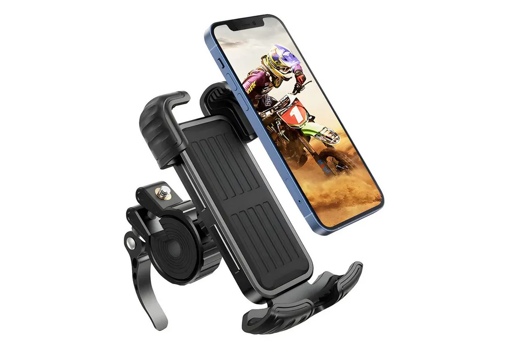 SURFOU Smartphone-Halterung Handyhalterung Fahrrad, Handyhalter Motorrad360° Lenker Halter, (Stabile Handyhalterung Fahrrad & Motorrad, ideal für 5,1–6,8", Metall, mit Sicherheitsverschluss, 1-tlg., 360° Drehgelenk & Silikonschutz, wasserdicht–werkzeuglos montierbar, für Fahrrad, Motorrad & E-Scooter)