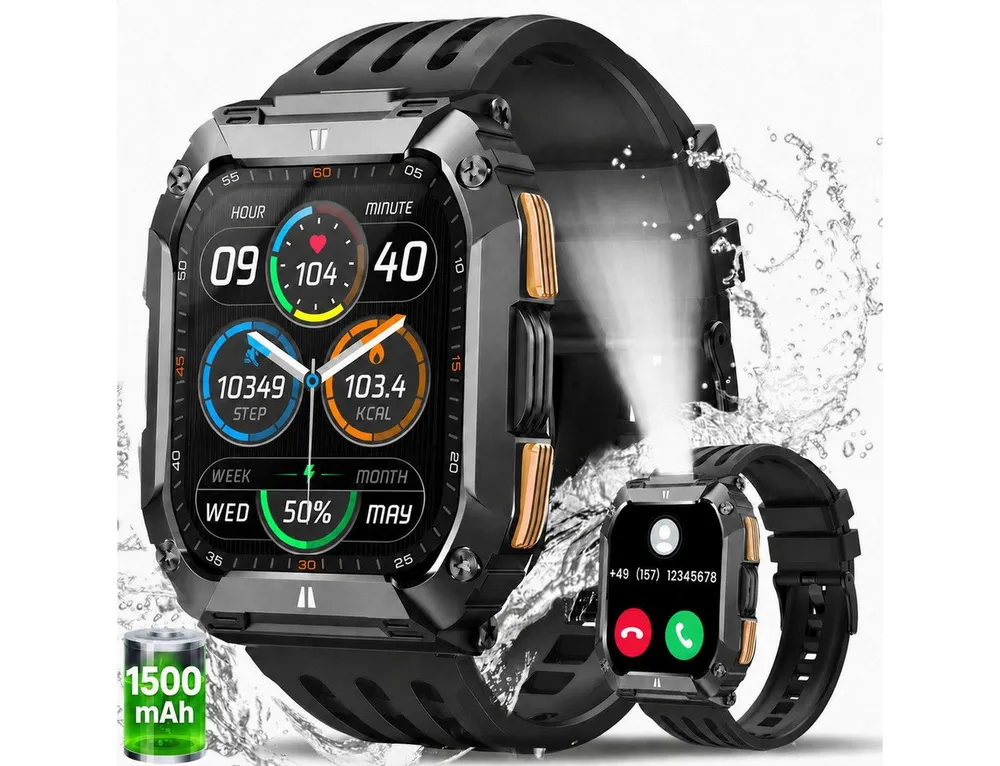 SWGOTA 1500mAh Smartwatch Herren Militär,2,01'' AMOLED-Display Fitnesstracker Smartwatch (2,01" Zoll), Smartwatch Outdoor mit Herzfrequenz/SpO2/Schlafmonitor/Atemtraining