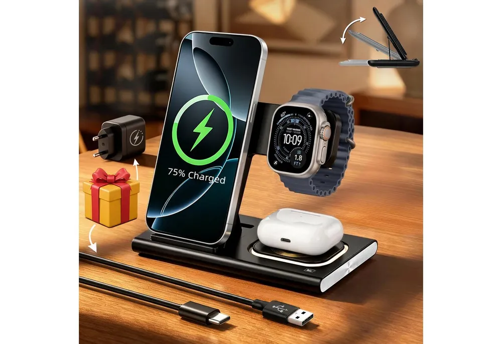 SWGOTA 2026 Ladestation Ladegerät Apple Samsung, 4 in 1 25W Induktive MagSafe Wireless Charger (4 in 1 iPhone Ladestation, 25W Wireless Charger, Qi 2.0 Schnellladung, Schnellladegerät für iPhone 8–17 Serie, Apple Watch, AirPods & Samsung)