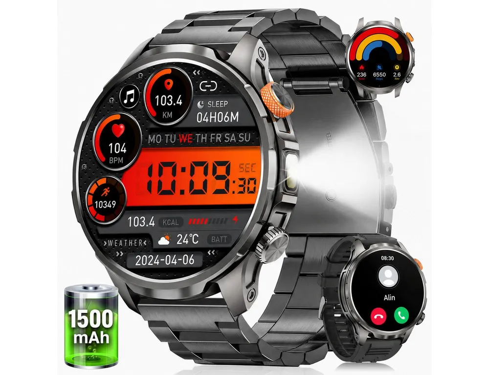 SWGOTA 2026 Neue 1500mAh Herren Militär 1.91" AMOLED-Großdisplay Fitnessuhr Smartwatch IP68 Fitness Tracker Uhr mit Herzfrequenz-/ SpO2-/Schlafüberwachung,150+ Sportmodi,LED-Taschenlampe,Sportuhr Herren für Android und iOS
