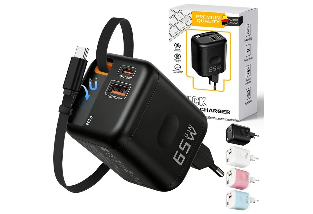 SWGOTA 2026 Neues 65W GaN 3-Port USB C Ladegerät mit Einziehbarem Kabel USB-Ladegerät (65W Schnellladegerät, 3-in-1 USB Netzteil, PD 3.0 Power Adapter, Unterstützt Super Fast Charging bei Einzelportnutzung)