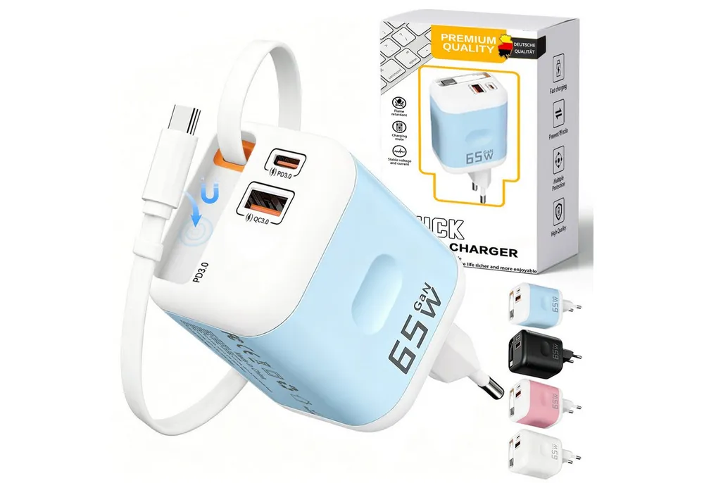 SWGOTA 2026 Neues 65W GaN 3-Port USB C Ladegerät mit Einziehbarem Kabel USB-Ladegerät (65W Schnellladegerät, 3-in-1 USB Netzteil, PD 3.0 Power Adapter, Unterstützt Super Fast Charging bei Einzelportnutzung)