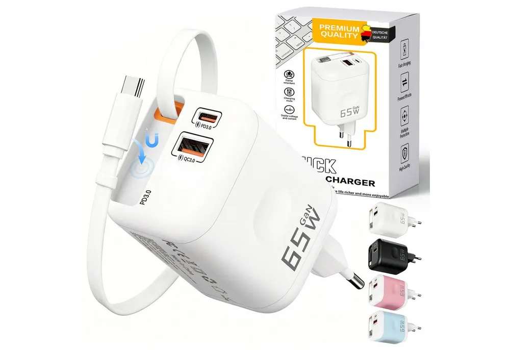 SWGOTA 2026 Neues 65W GaN 3-Port USB C Ladegerät mit Einziehbarem Kabel USB-Ladegerät (65W Schnellladegerät, 3-in-1 USB Netzteil, PD 3.0 Power Adapter, Unterstützt Super Fast Charging bei Einzelportnutzung)
