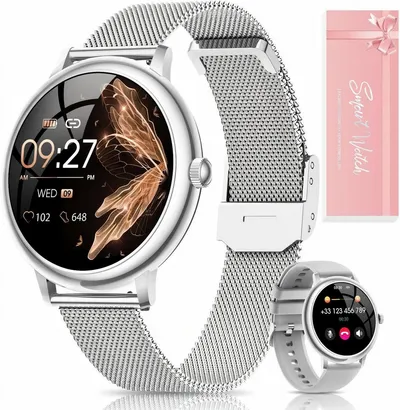 SWGOTA 2026 NEW Smartwatch Damen Rund 800mAh mit 2 austauschbare Armbänder Smartwatch (1.19 Zoll), AMOLED Display Smartwatch für Damen mit Telefonfunktion, Herzfrequenz, SpO2/Schlafmonitor/Menstruationszyklus