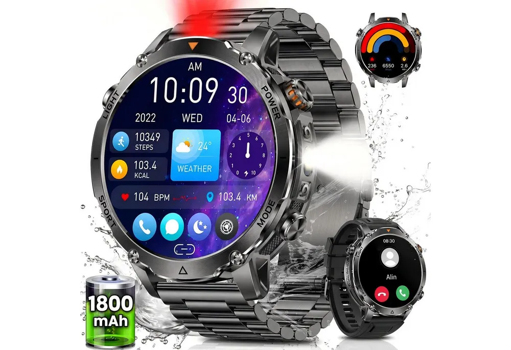 SWGOTA 2026 Smartwatch Herren 1800mAh Akku 1,85" AMOLED Militärstil Smartwatch (1,85 Zoll), IP68 & 5ATM, Fitnessuhr für Herren mit Edelstahl- und Silikonarmband, SpO2-, Herzfrequenz- und Schlafüberwachung Bluetooth 5.4 Android & iOS
