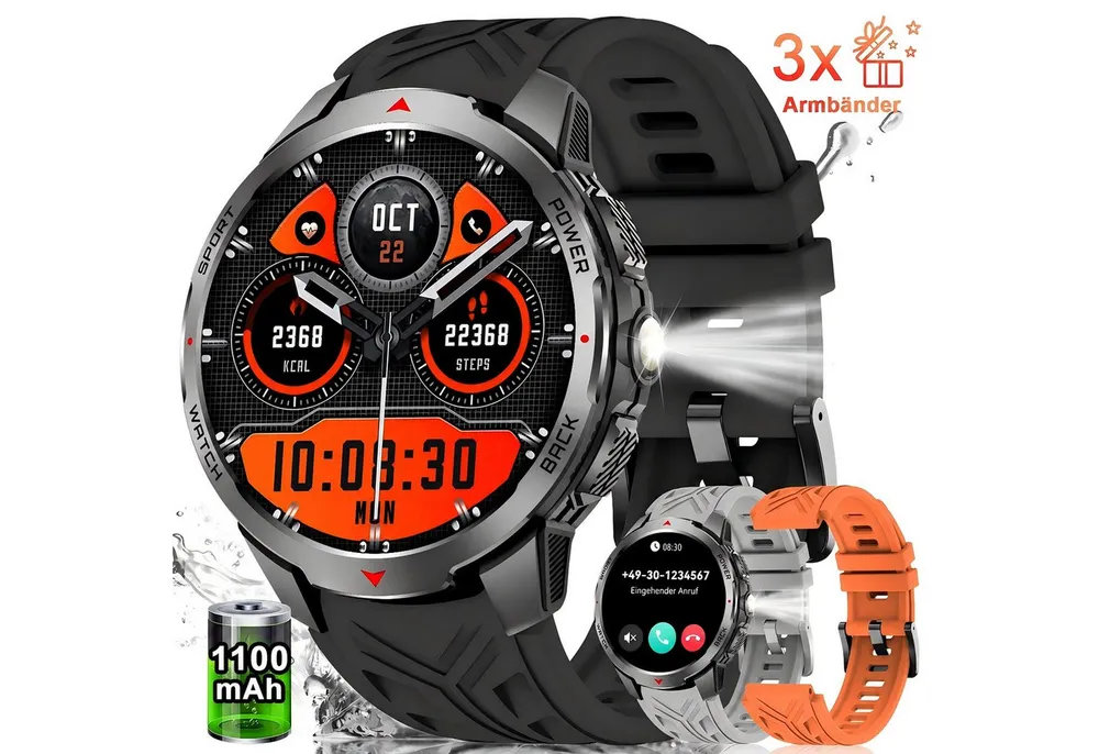 SWGOTA 2026 Smartwatch Herren Militär Fitnessuhr Herren mit 100+ Sportmodi Smartwatch (1,7 Zoll), 1100mAh Sportuhr Herren mit 3 Armbändern, Herzfrequenz & Blutdruck-, SpO2-/Schlafüberwachung,Schrittzähler,Kompass,Taschenlampe,IP68