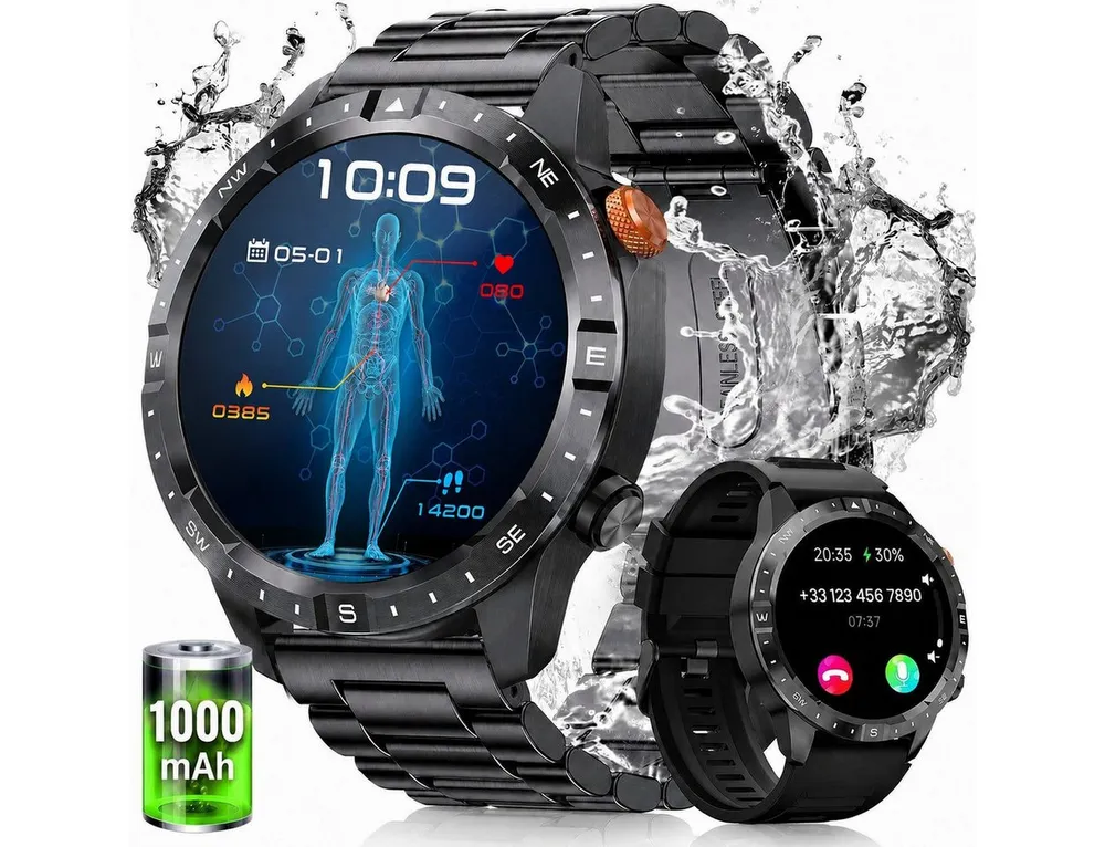 SWGOTA 2026 Smartwatch Herren Militär mit Herzfrequenz,HRV,SpO2,Schlafmonitor Smartwatch (3.63 cm/1,43 Zoll) AMOLED Fitness Tracker mit 1000mAh,70+ Sportmodi,IP68 Fitnessuhr