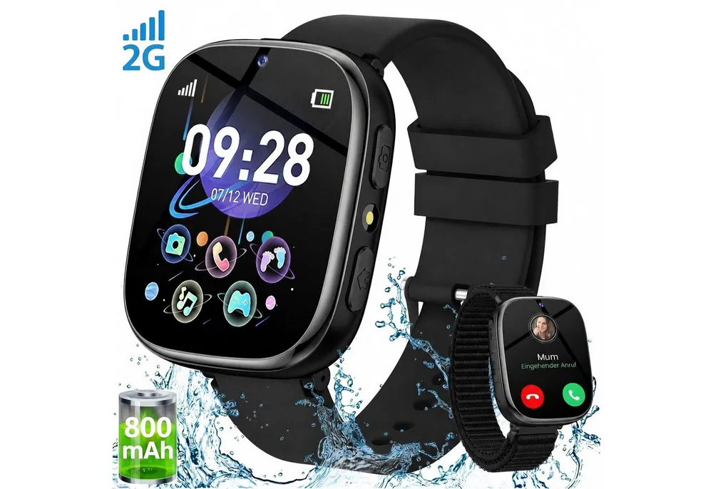 SWGOTA 800mAh 2G Smartwatch Kinder mit Telefonfunktion,Unterstützung für SOS Smartwatch (1,83 Zoll) mit 31 Spiele, Schulmodus,Foto,Video,Wecker, IP68 Fitness Tracker Kompatibel mit Android und iOS
