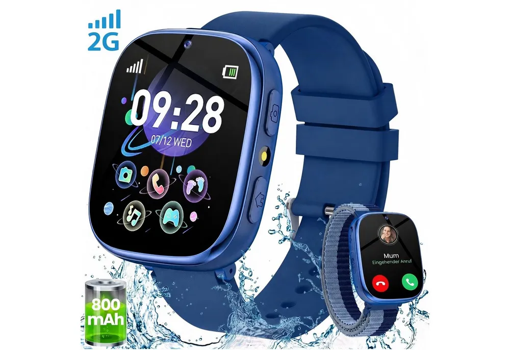 SWGOTA 800mAh 2G Smartwatch Kinder mit Telefonfunktion,Unterstützung für SOS Smartwatch (1,83 Zoll) mit 31 Spiele, Schulmodus,Foto,Video,Wecker, IP68 Fitness Tracker Kompatibel mit Android und iOS