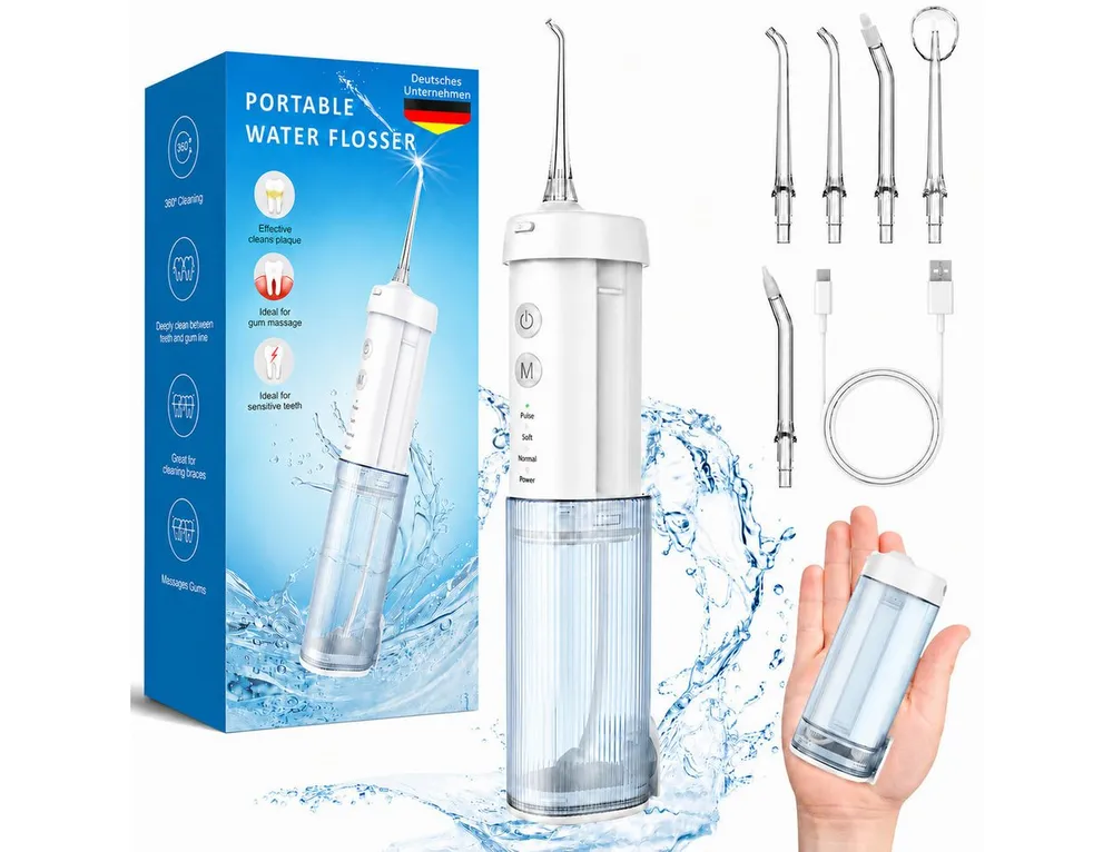 SWGOTA Munddusche Kabellos Zahndusche elektrisch Tragbar 4 Modi & 5 Düsen,360° Drehung, 2200 mAh,210ml Wassertank,IPX7 Zahnreiniger Zahnfleisch und Zahnpflege