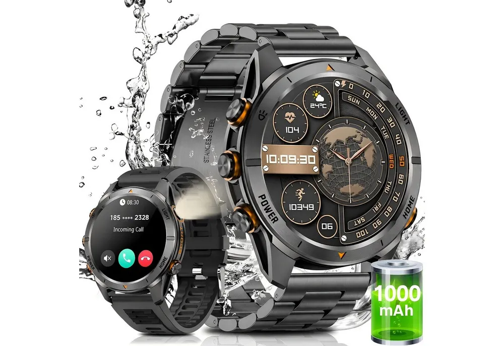 SWGOTA Smartwatch Herren Militär mit 1000mAh großer Akku 1,46" AMOLED-Display Smartwatch, Fitnesstracker mit 100+ Sportmodi/Herzfrequenz/Blutdruck/SpO2, Fitnessuhr Herren für Android iOS mit Schlafüberwachung