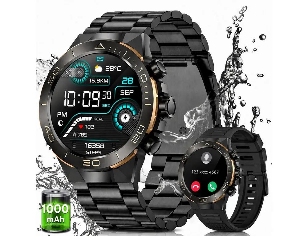SWGOTA Smartwatch Herren Militär mit Herzfrequenz,Blutdruck,107 Sportmodi Smartwatch (3.63 cm cm/1,43 Zoll), AMOLED-Display Fitnesstracker mit Schlafmonitor,1000mAh,2 Armbänder