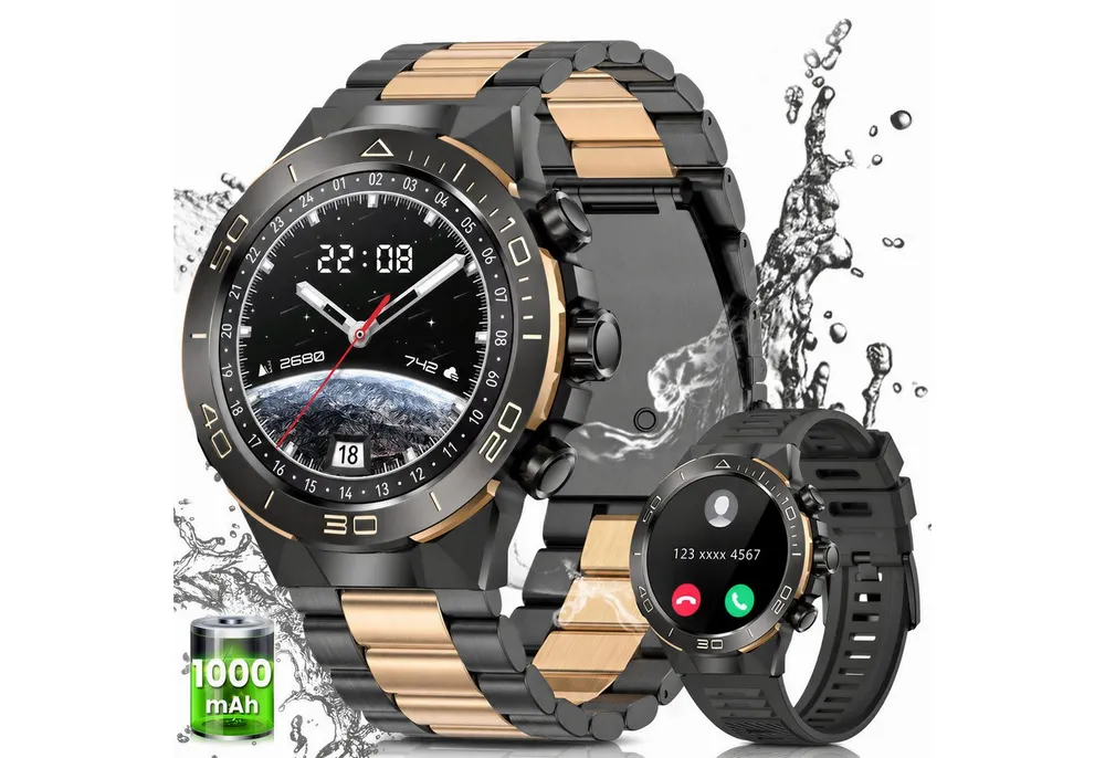 SWGOTA Smartwatch Herren Militär mit Herzfrequenz,Blutdruck,107 Sportmodi Smartwatch (3.63 cm cm/1,43 Zoll), AMOLED-Display Fitnesstracker mit Schlafmonitor,1000mAh,2 Armbänder