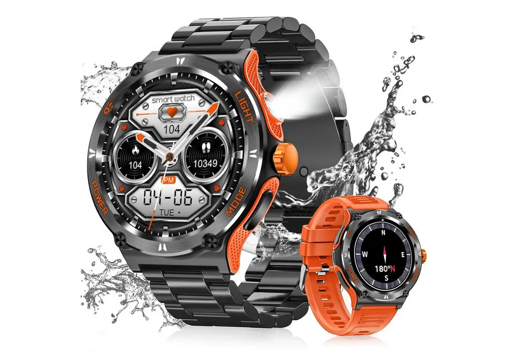 SWGOTA Smartwatch Herren Militär mit Taschenlampe,Kompass,Telefonfunktion Smartwatch (3.88 cm), 1,53 Zoll Fitnessuhr mit Herzfrequenz/SpO2/Schlafmonitor,500 mAh Akku