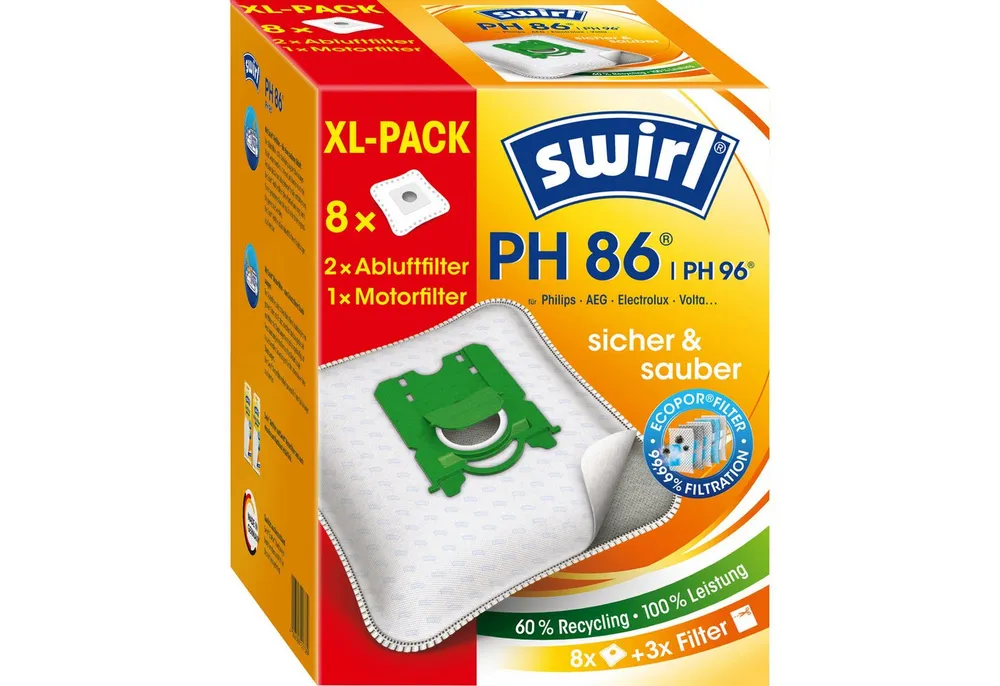 Swirl Staubsaugerbeutel PH 86/96 EcoPor XL, passend für Philips, AEG, Electrolux, Progress, Standard-Bag, Volta