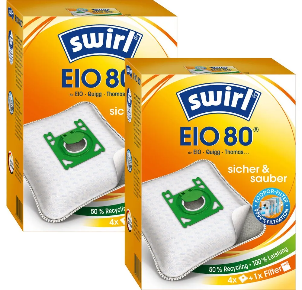 Swirl Staubsaugerbeutel Swirl EIO80 EIO 80, passend für EIO Koenic Quigg Staubsauger, inkl. 2 Filter - zuschneidbar, 8 St., Optimale Passform, MicroPor® Plus-Qualität für lange Nutzungsdauer