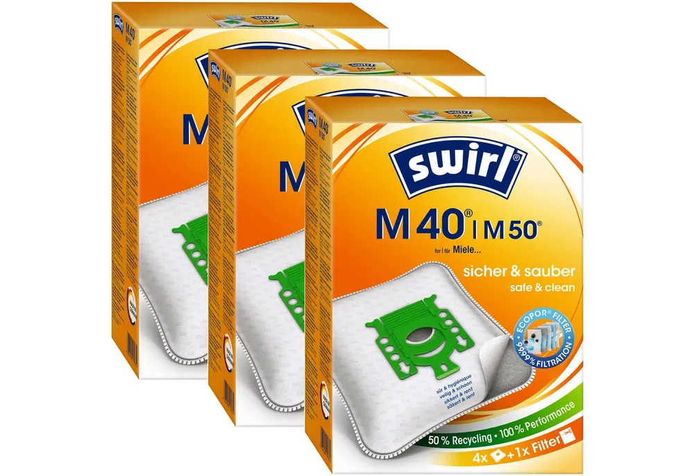 Swirl Staubsaugerbeutel Swirl M40 M 40, passend für Miele Staubsauger, inkl. 3 Filter - zuschneidbar, 12 St., Optimale Passform, MicroPor® Plus-Qualität für lange Nutzungsdauer