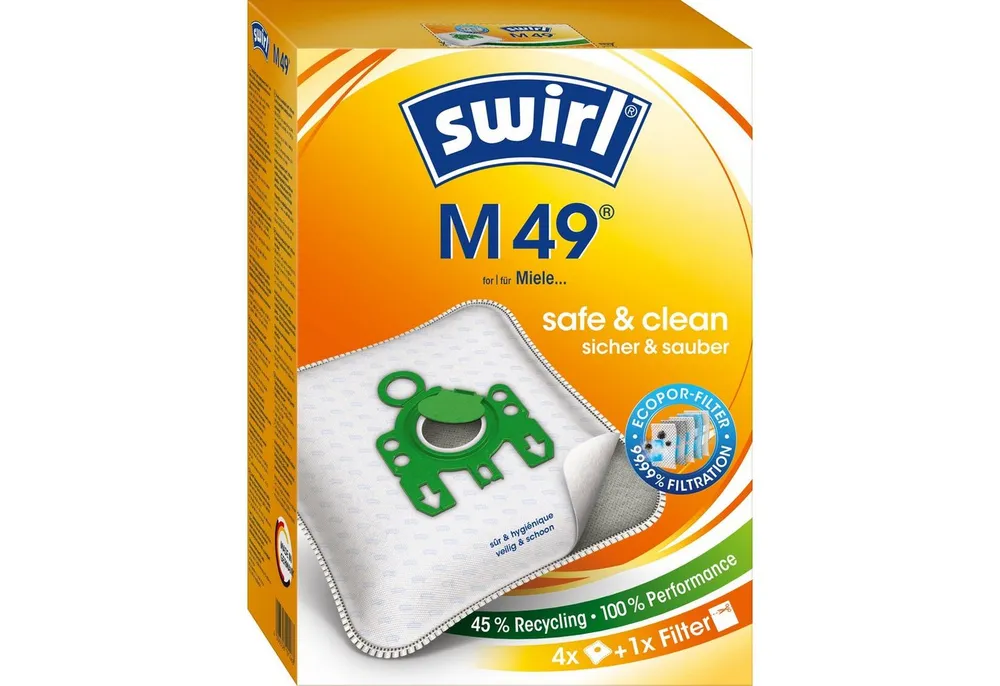 Swirl Staubsaugerbeutel Swirl M49 M 49, passend für Miele Staubsauger, inkl. 1 Filter - zuschneidbar, 4 St., Optimale Passform, MicroPor® Plus-Qualität für lange Nutzungsdauer