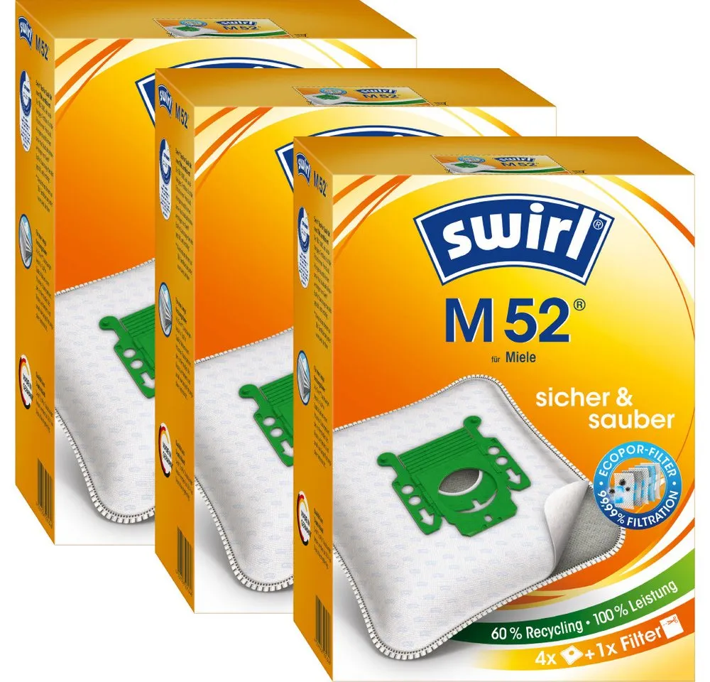Swirl Staubsaugerbeutel Swirl M52 M 52, passend für Miele Staubsauger, inkl. 3 Filter - zuschneidbar, 12 St., Optimale Passform, MicroPor® Plus-Qualität für lange Nutzungsdauer