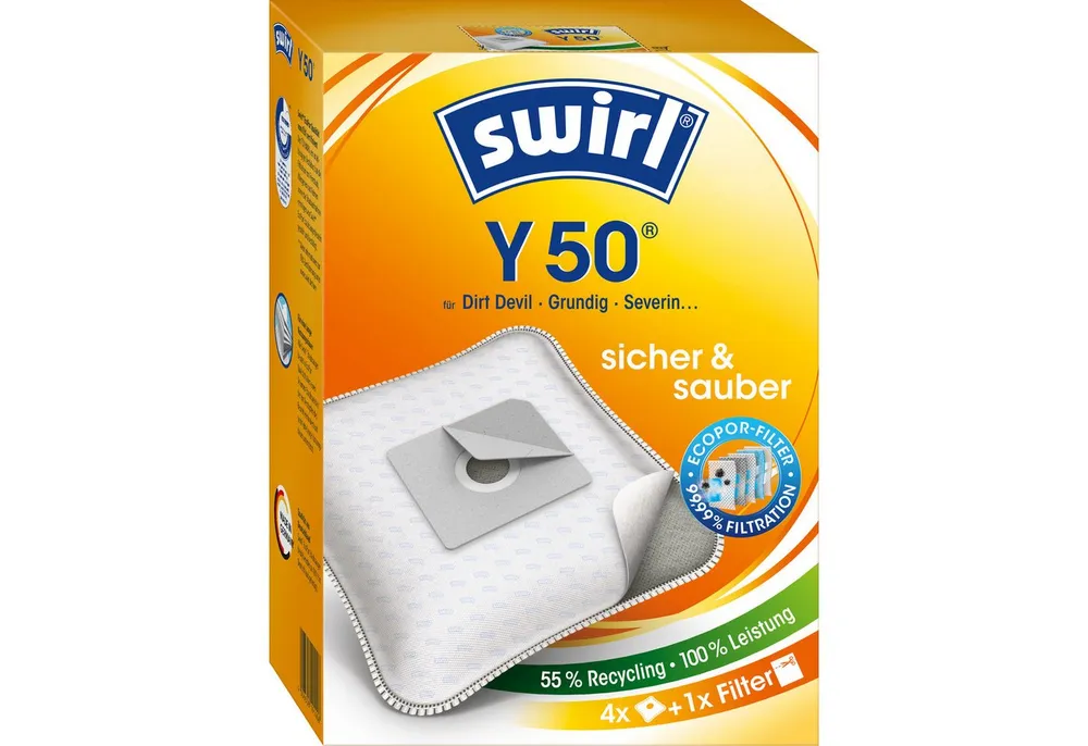 Swirl Staubsaugerbeutel Swirl Y50 Y 50, passend für Dirt Devil Progess Severin Staubsauger, inkl. 1 Filter - zuschneidbar, 4 St., Optimale Passform, MicroPor® Plus-Qualität für lange Nutzungsdauer