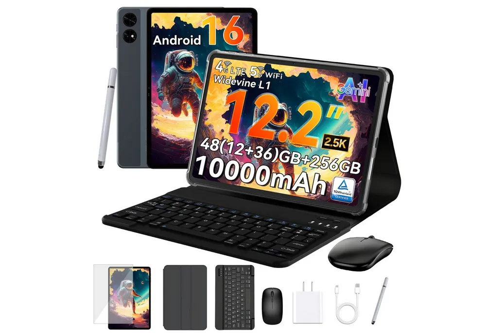 TABWEE 12,2" Android 16 4G LTE 10000 mAh Akku 256 GB Tablet (12.2", 256 GB, Android16, Android 16, 4G LTE, 5G Wifi, 10000 mAh Akku, mit Stift/Maus/Tastatur)