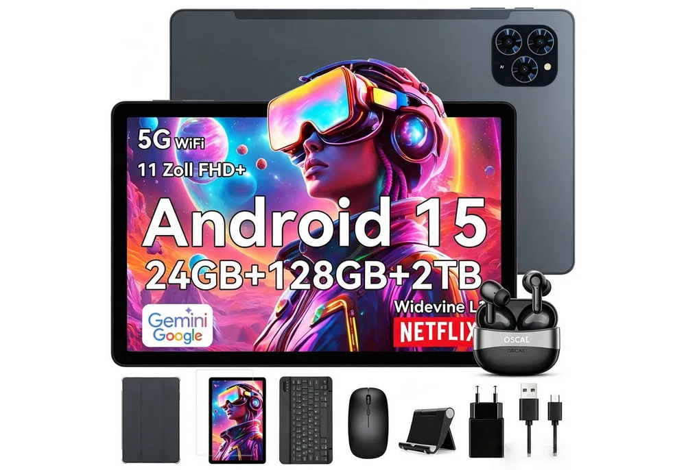 TABWEE T9 11" FHD Android 16 Tablet mit Tastatur Maus Hülle Kopfhörer Tablet (11", 128 GB, Android16, Android 16, FHD Display, Widevine L1, Gemini AI, 13 MP)