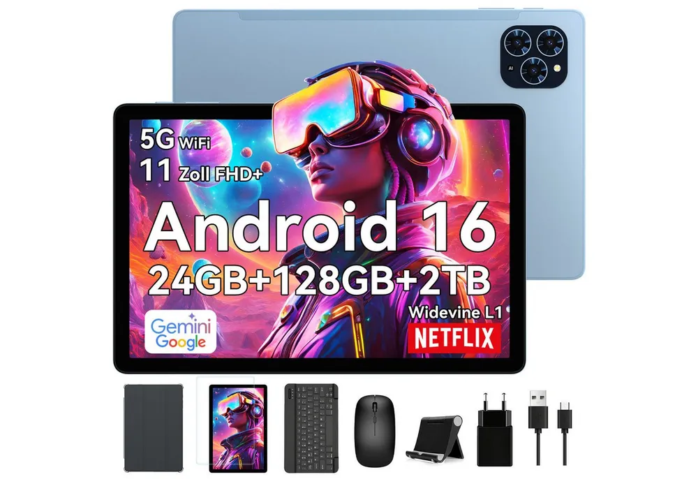 TABWEE T9 11" FHD Android 16 Tablet mit Tastatur Maus Hülle 8000 mAh WiFi Tablet (11", 128 GB, Android16, Android 16, FHD Display, Widevine L1, Gemini AI, 13 MP)