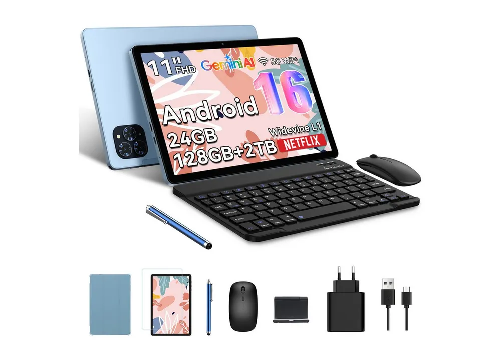TABWEE T9 2026 11" FHD Android 16 WiFi mit Tastatur/Maus/Hülle Tablet (11", 128 GB, Android16, FHD Display, Widevine L1, Gemini AI, 13 MP, 8000 mAh, Wifi)