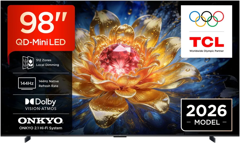 TCL 98T8D Mini-LED-Fernseher (248 cm/98 Zoll, 4K Ultra HD, Smart-TV, Google TV, QD-Mini LED, AiPQ Pro Prozessor, 144Hz, Dolby Atmos, Apple AirPlay 2)