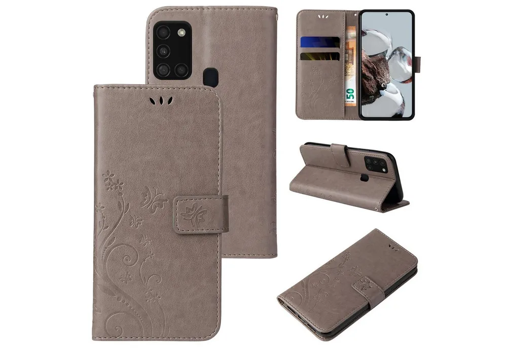 Tec-Expert Handyhülle Cover Tasche Hülle für Samsung Galaxy A21s 6,5 Zoll, Klapphülle Case mit Kartenfach Fliphülle aufstellbar, Motiv Blumen