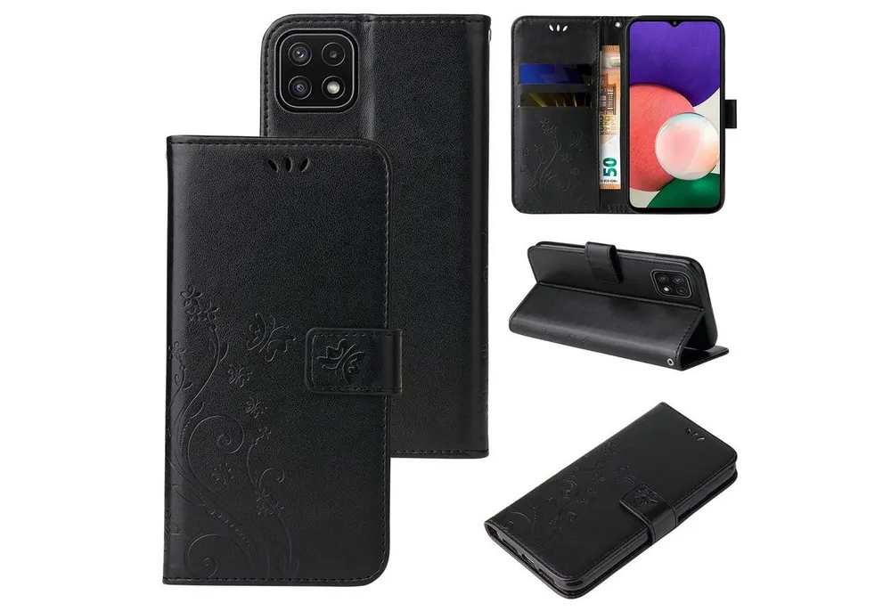 Tec-Expert Handyhülle Cover Tasche Hülle für Samsung Galaxy A22 5G 6,6 Zoll, Klapphülle Case mit Kartenfach Fliphülle aufstellbar, Motiv Blumen