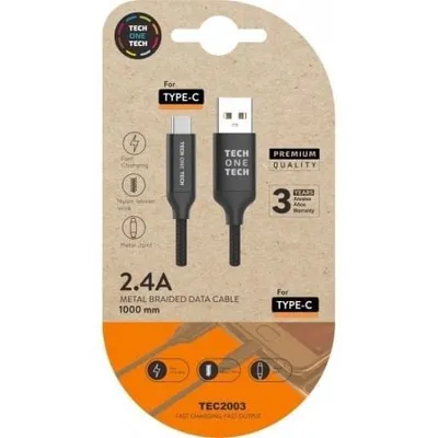 Tech One Tech USB-Kabel TEC2003 USB 2.0 Typ-C Stecker auf USB-A Stecker 1m Nylon 2,4A Schwarz