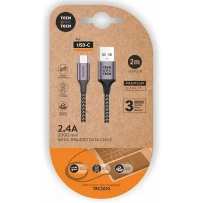 USB-C-Kabel TECH ONE TECH TEC2023 2 m 2,4 A Geflochtenes Nylon Grau