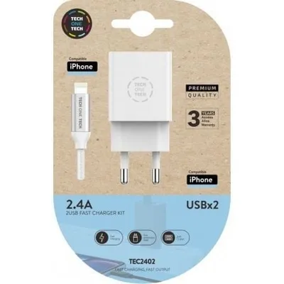 TECH ONE TECH TEC2402 2xUSB 2,4A weißes Wandladegerät mit 1m Nylon-Lightning-Kabel