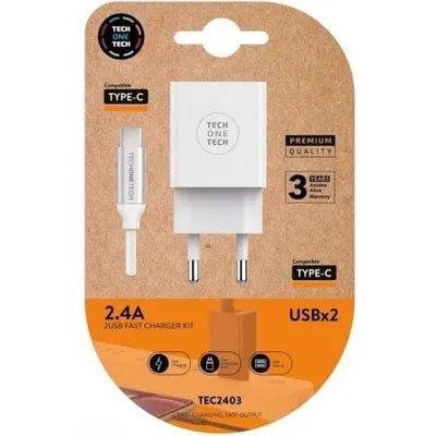 Tech One Tech TEC2403 Wandladegerät 2xUSB 2.4A + USB-C-Kabel Weiß