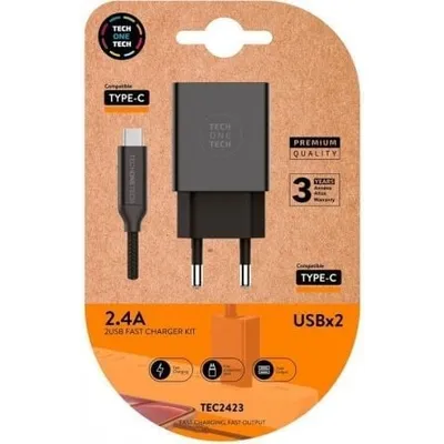 TECH ONE TECH TEC2423 2xUSB 2,4A Wandladegerät mit USB Typ-C Kabel Schwarz