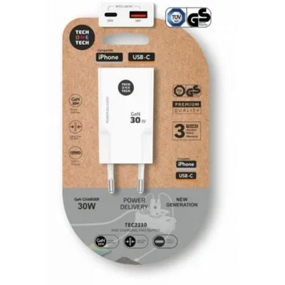 Wandladegerät Tech One Tech GaN TEC2230 USB-C 30W Weiß Schnellladen