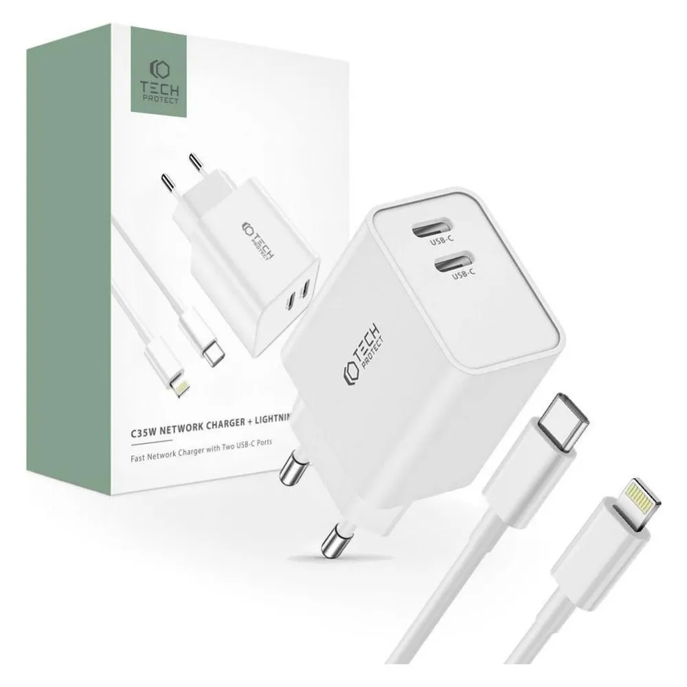 Tech-Protect C35W 2x USB-C PD 35W network charger with USB-C / Lightning cable - white