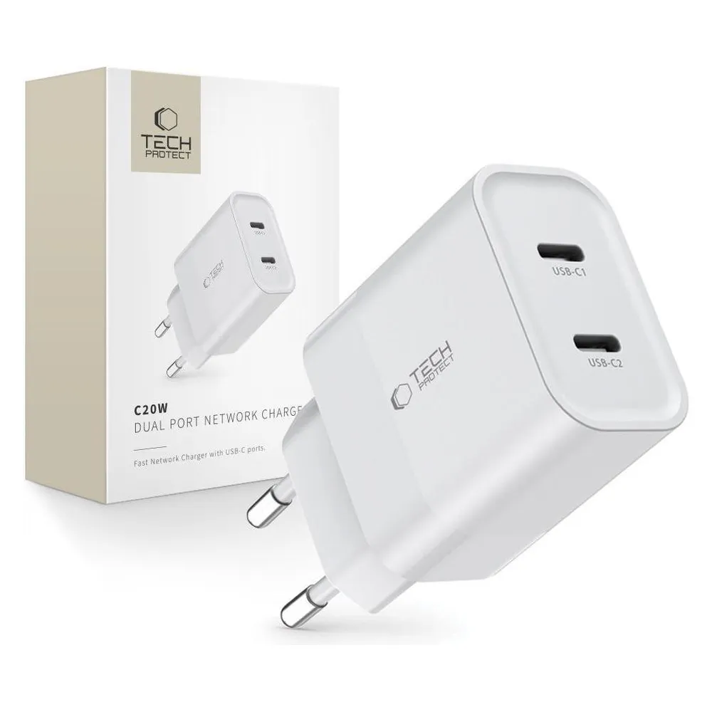 Tech-Protect C20W mains charger 2x USB-C PD 20W - white