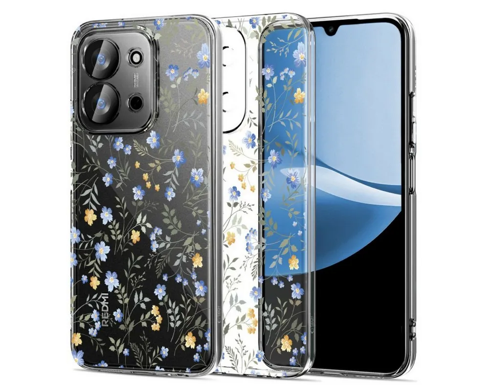 TECH PROTECT Handyhülle FlexAir kompatibel mit Xiaomi Redmi 15C Gänseblümchen weiß transparent 173 mm, Transparente TPU-Hülle mit Weiß-Blumen-Design