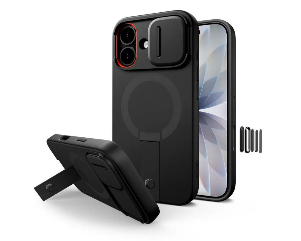 TECH PROTECT Handyhülle Kevlar Aura mit Magnetfunktion Kompatibel mit iPhone 17 Schwarz 6,1, 360° Schutz mit Kameraabdeckung und Ständerfunktion