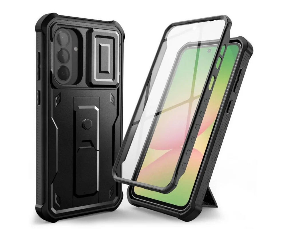 TECH PROTECT Handyhülle Kevlar Cam+ mit Ständer Kompatibel mit Samsung Galaxy A56 5G - Schwarz 6,6, Strukturierter Kevlar Look mit Magnetfunktion und Kameraschutz