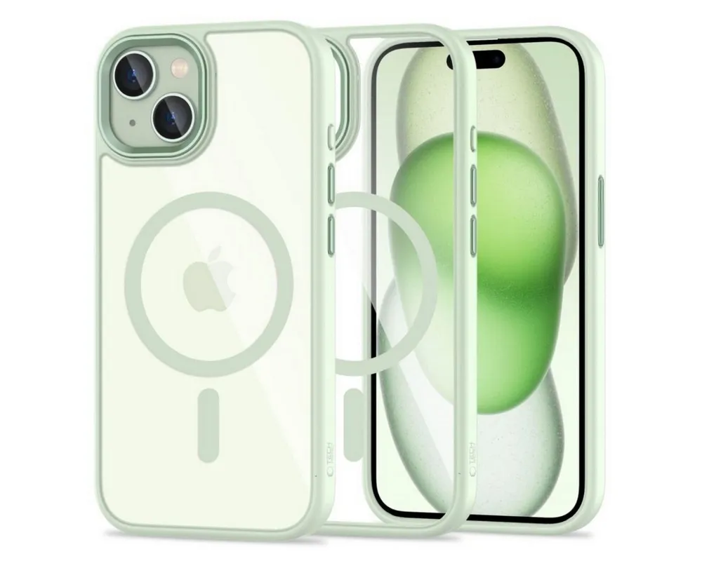 TECH PROTECT Handyhülle MagMat mit Magnetfunktion Kompatibel mit iPhone 15 Grün Transparent 6,1, Transparentes Grün mit Magnetfunktion und rutschfester TPU Struktur