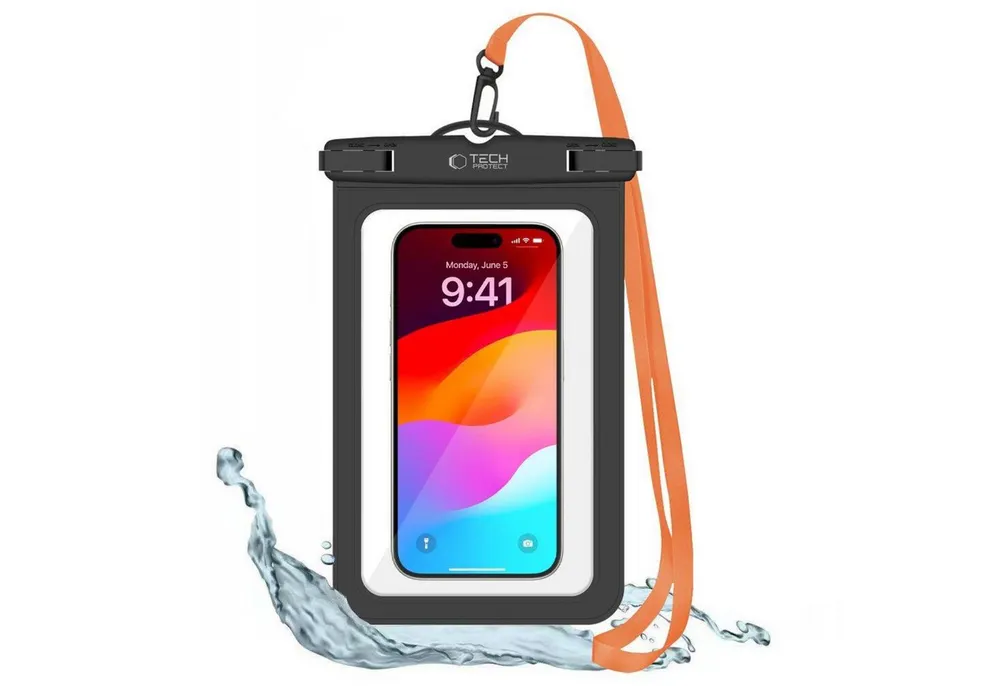 TECH PROTECT Handyhülle Universelle Wasserdichte Hülle in Orange-Schwarz mit Umhängeband